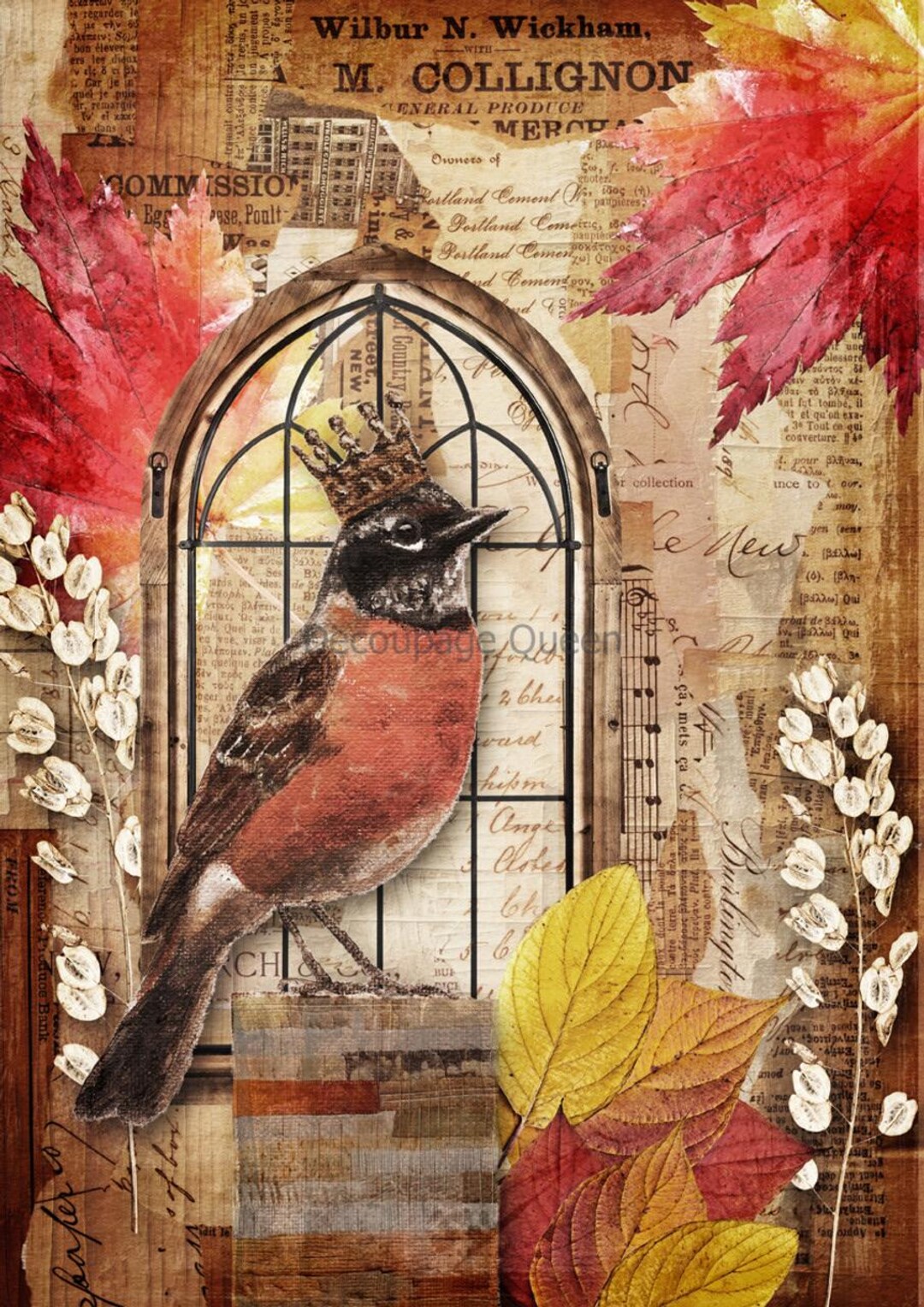 Robin Decoupaged Crowned Robin I Decoupage Queen I Rice Paper Decoupage I Size A4 I ...