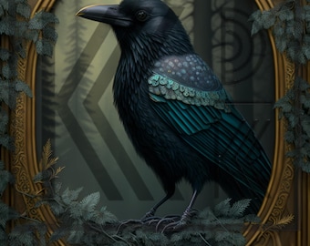 May include: A black raven with iridescent blue-green feathers perched on a branch in a gold ornate frame. The raven is looking to the left of the image. The background is a dark forest.