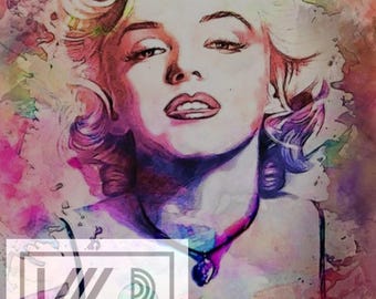 Puede incluir: Un retrato de estilo acuarela de una mujer con cabello rubio, labios rojos y un collar morado. La obra de arte presenta un fondo colorido con tonos rosas, morados y verdes. La imagen incluye el texto "Kat's Designs & Interiors".
