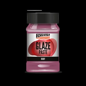 May include: A glass jar of Pentart Glaze Paste in the color Ruby. The jar has a black lid and a white label with the Pentart logo and the words "Glaze Paste" and "Ruby".