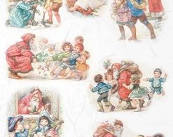 May include: A vintage Christmas illustration featuring Santa Claus and children. The illustration shows Santa Claus giving gifts to children, children decorating a Christmas tree, and children playing with Santa Claus.