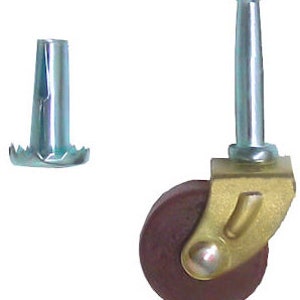 May include: A gold-colored furniture caster with a brown rubber wheel and a metal stem. The caster comes with a metal screw for installation.