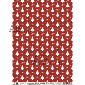 May include: Red and white Christmas themed decoupage rice paper with a repeating pattern of white Christmas trees, stars, and holly leaves.