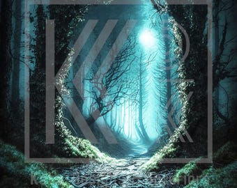 Puede incluir: Un sendero oscuro y misterioso en un bosque con una luz brillante al final. El sendero está bordeado de árboles altos y el suelo está cubierto de musgo y raíces.