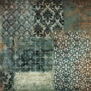 May include: A digital collage of vintage patterns and textures in shades of brown, blue, and white. The patterns include damask, floral, and geometric designs. The background is a distressed, textured surface.