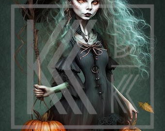 May include: A witch with long, flowing green hair wears a black dress and a pointed hat with orange pumpkins. She holds a carved pumpkin and a branch with a leaf in her hands.
