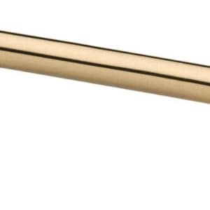 May include: A brushed gold cabinet pull with a square design on each end. The pull is 5 inches long.