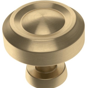 May include: A brushed gold cabinet knob with a round, raised center and a slightly flared base.