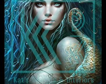 May include: Digital art print of a mermaid with flowing blue hair and teal eyes, surrounded by aquatic elements. The mermaid has a fish tail and is adorned with gold accents. The image has the text "Kat's & Interiors".