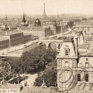 Vintage sepia-toned Parisian cityscape featuring the iconic Eiffel Tower and historic bridges, capturing a timeless view of the city with handwritten 'Paris' script overlay and postmark details for an authentic nostalgic feel
