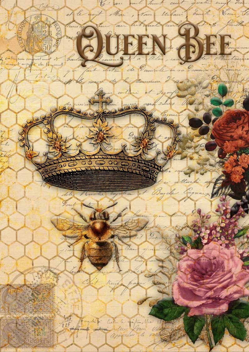 Queen Bee And Roses Rice Paper Size A4 By Decoupage Queen For Furniture, Mixed Media, Junk Journals, Scrapbooking And Much More! 