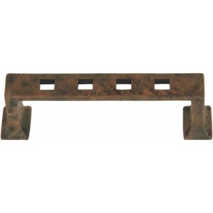 May include: Rustic brown metal cabinet pull with five square cutouts.