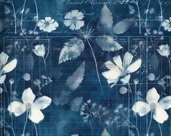 Indigo Botanical I Decoupage Queen I  Rice Paper Decoupage I Size A4 I Furniture Decoupage I Mixed Media I Furniture Decoupage