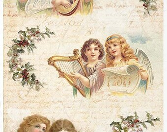 May include: Vintage Christmas card featuring four angels singing. The angels are dressed in white and gold robes and have halos. The card has a background of handwritten script and holly sprigs.