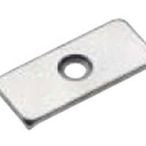 May include: A small, rectangular metal plate with a centered circular hole. The plate has a silver finish and appears to be made of a solid, durable material. The edges are slightly rounded.