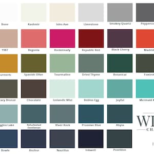 May include: A color chart with 48 paint colors, each color is labeled with a name. The chart is titled "Wise Owl Chalk Synthesis Paint" and "Premium Finishes Innovated by Science".