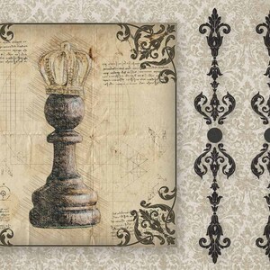 May include: A black chess piece with a gold crown on top, drawn in a vintage style on a parchment background with geometric designs and handwritten text.