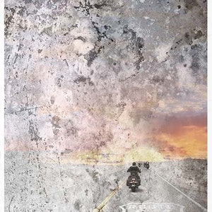 May include: A textured paper print featuring a motorcycle on a highway with a Route 66 sign. The background has a cloudy sky with a sunset. The top of the print has the words "Sid Collection" in gold lettering.