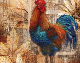 Puede incluir: Una pintura colorida de un gallo con cresta roja, plumas naranjas y azules y cola azul. La obra de arte está ambientada sobre un fondo de hojas de otoño, una valla de madera y texturas de papel vintage. Las palabras "PARIS SENSATION" son visibles.