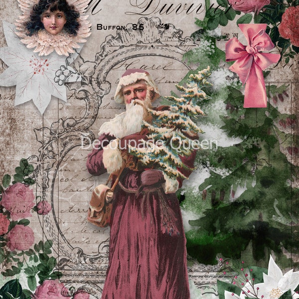 Shabby Santa Rice Paper Size A4 Decoupage For Furniture, Mixed Media, Junk Journals, DIY Projects And More By Decoupage Queen