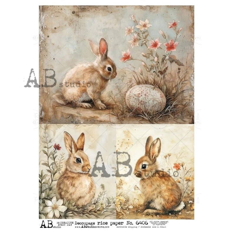 Rabbits With Flowers I AB Studios I Rice Paper Decoupage I Size A4 I ...