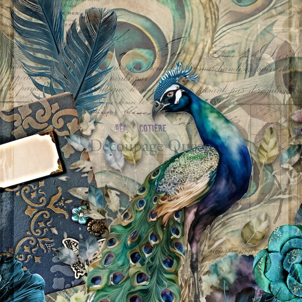 New ! Jeweled Peacock  I Rice Paper Decoupage I Made In Italy I Decoupage Queen I DIY I Decoupage Rice Paper I Mixed Media