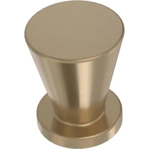 May include: A gold-colored cabinet knob with a conical shape and a circular base. The knob has a smooth, metallic finish and is designed for furniture such as drawers and cabinets.