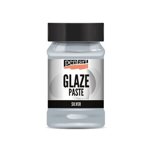 May include: A silver glaze paste in a clear jar with a black lid. The jar has a label that says "Pentart Glaze Paste Silver".