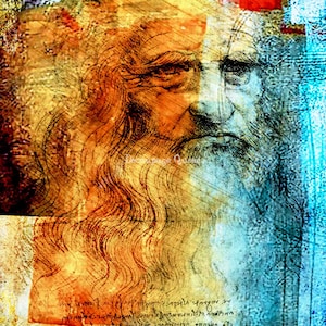 May include: A digital art piece featuring a close-up of a man's face. The face is rendered in a vintage style with a textured background. The man's face is partially obscured by a blue and white patterned background. The image is reminiscent of a Renaissance portrait.