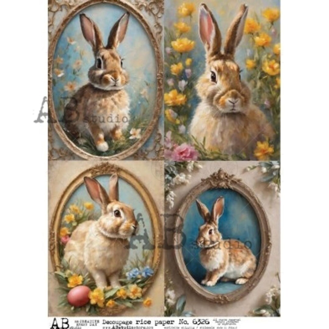 Four Oval Bunny Portraits I AB Studios I Rice Paper Decoupage I Size A4 ...