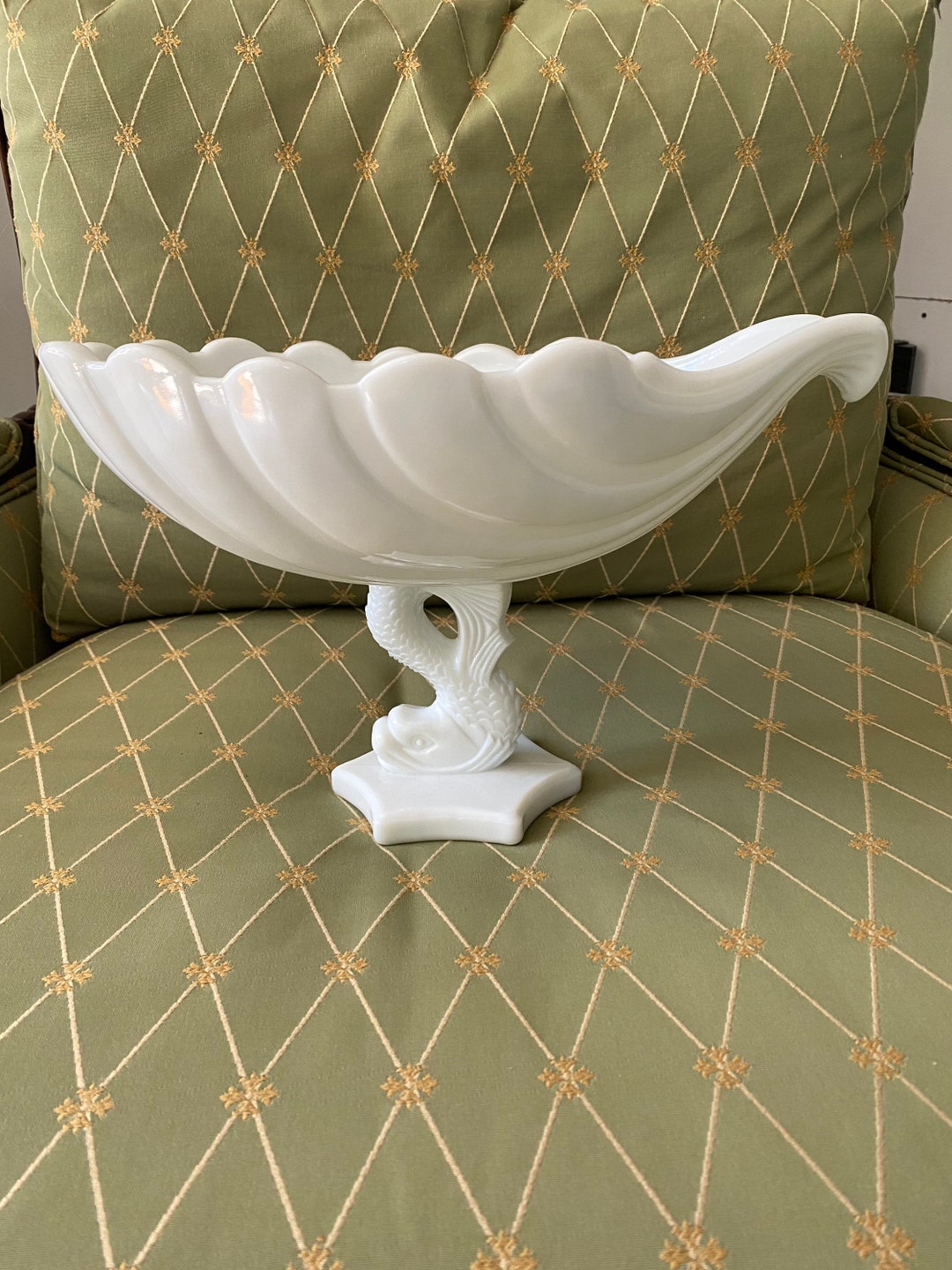 Extra Large Vintage Westmoreland Milk Glass Koi Fish Dolphin Compote Serving Bowl Pedestal Dish