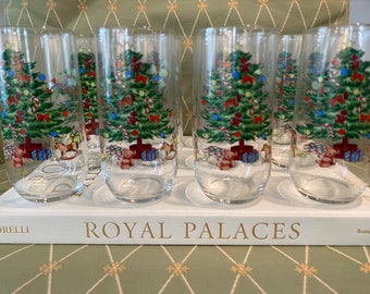 Vintage Christmas Tree tall Glasses, three sets of four available