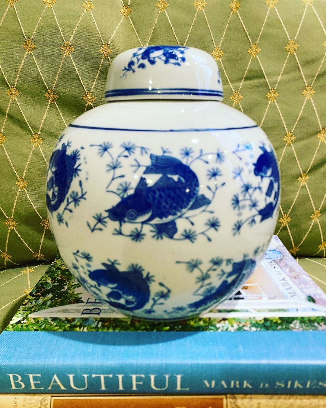 Large Blue and White Koi Fish Ginger Jar With Lid Etsy
