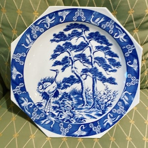 Vintage Japanese octagonal oversized 15 inch  blue and white platter