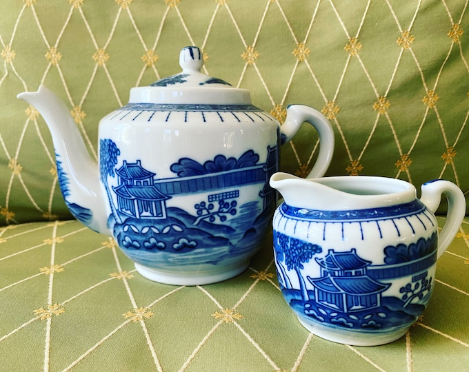 Vintage Blue Canton style Teapot and creamer set made in Japan