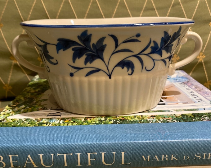 Vintage Andrea by Sadek blue and white double handled bowl