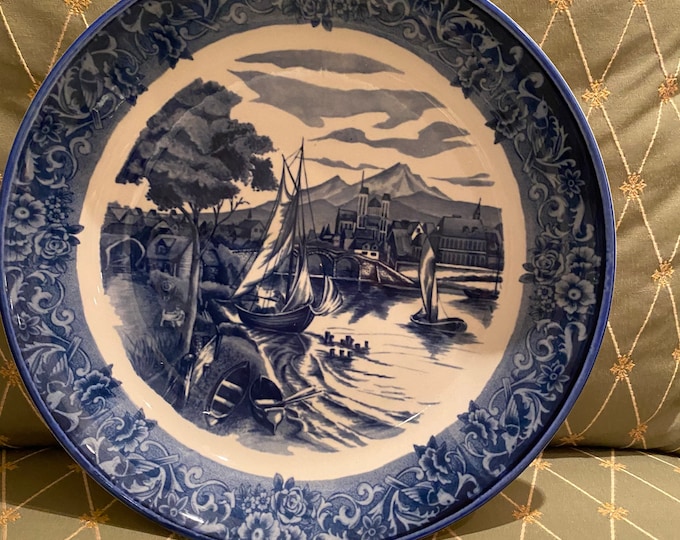 Vintage Statement bowl blue and white ceramic sailboat scene