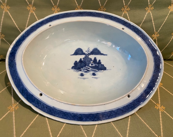 Antique 1800s Canton blue and white oval serving bowl 10.5 inches