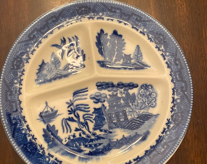Heavy ironstone sectioned blue willow plate made in occupied Japan