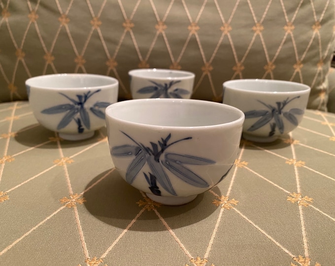 Set of four blue bamboo Japanese tea cups or mini bowls