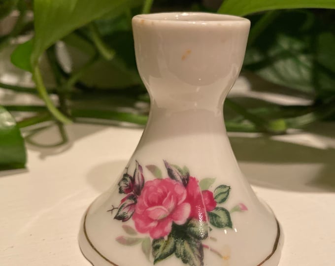 Vintage petite pink rose ceramic candlestick holder, made in Japan