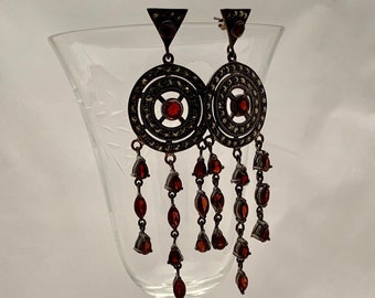 Vintage Art Deco Sterling Silver -Marcasite- Ruby Long Chandelier Earnings