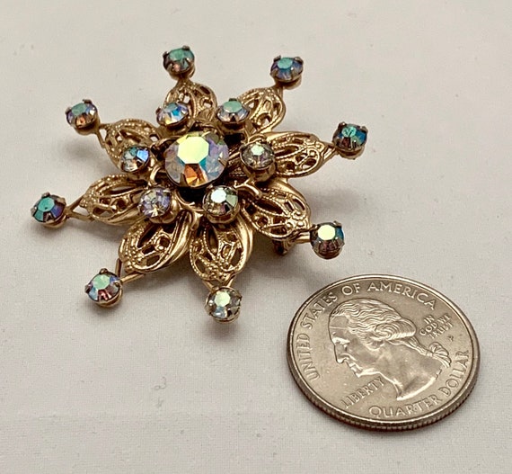 Vintage 50's Aurora Rhinestone Ornate Flower Broo… - image 8