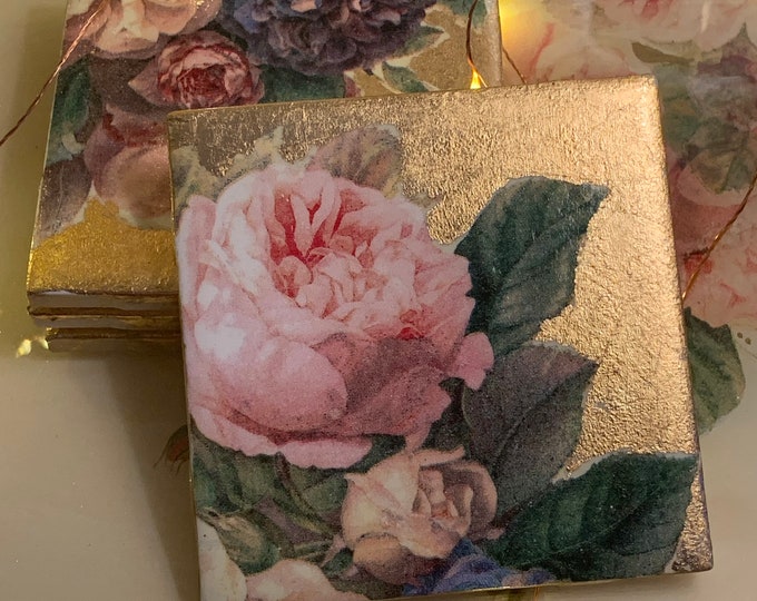 Shabby chic goldleaf with roses drink coasters