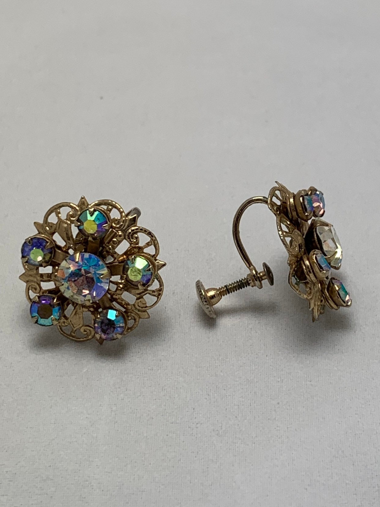 Vintage 50's Rhinestone Ornate Flower Earring