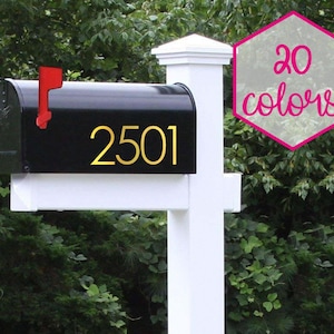 May include: A black mailbox with a white post and a gold number "2501" on the front. The mailbox has a red flag. A white circle with the text "Patriot Femme Decals" and a silhouette of the state of Texas is in the lower left corner. A pink hexagon with the text "20 colors" is in the upper right corner.