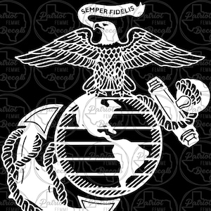 May include: A black and white image of the United States Marine Corps emblem. The emblem features a globe, an anchor, and an eagle with the words "SEMPER FIDELIS" above the eagle.