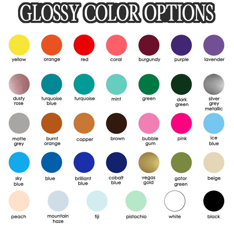 Op de afbeelding: Een kleurenkaart met de tekst "GLOSSY COLOR OPTIONS" bovenaan. De kaart toont 36 glanzende kleuropties, elk weergegeven door een gekleurde cirkel met de kleurnaam eronder. Kleuren zijn onder meer geel, oranje, rood en zwart.
