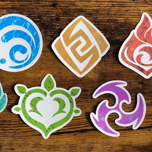 May include: Eight colorful stickers with different designs, including a wave, a heart, a snowflake, a fire, a swirl, a diamond, a wing, and a star. The stickers are on a wooden surface.