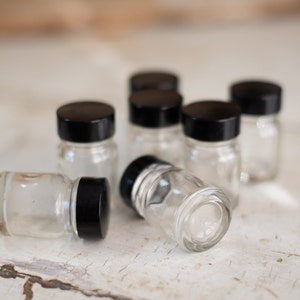 Lot of Six Small Glass Bottles with a Black Lid / Screw Top, Lab Equipment, Storage, Vintage, Antique, Industrial, Functional Decor